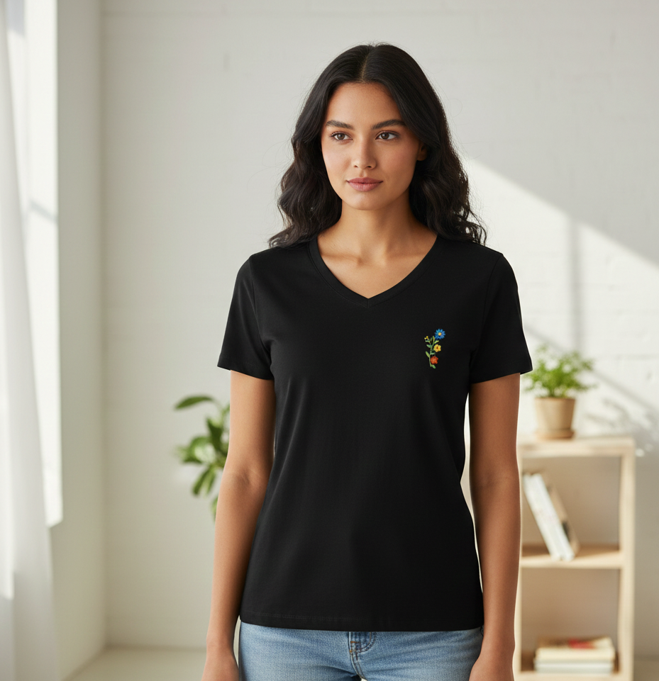 Women's V-neck T-shirt – Floral Embroidery